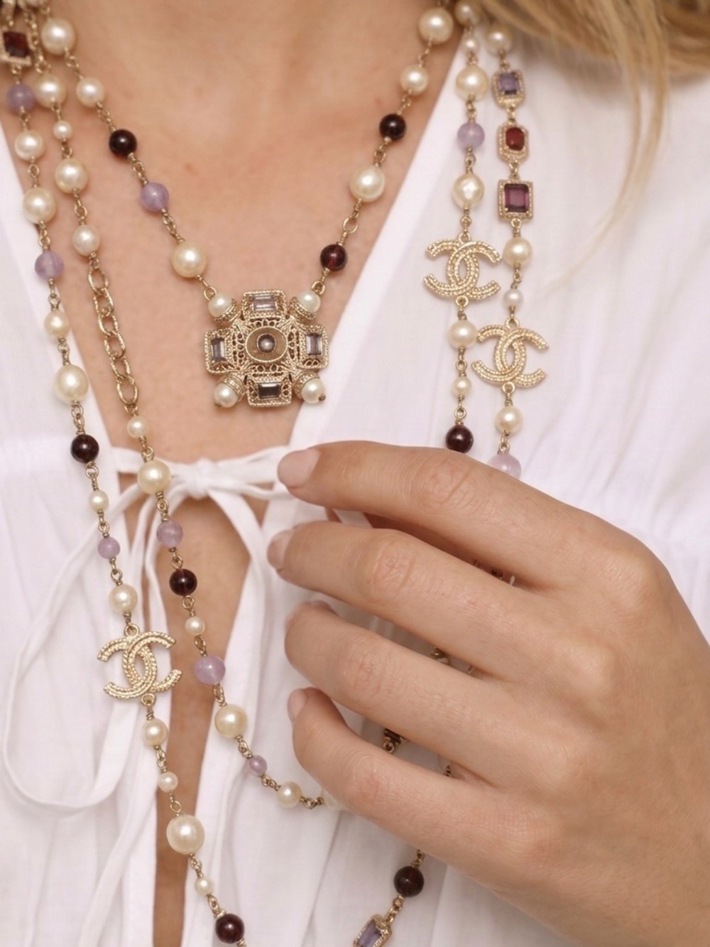CHANEL Gold-Plated Multi-Color Pearl and Gemstone Long Necklace